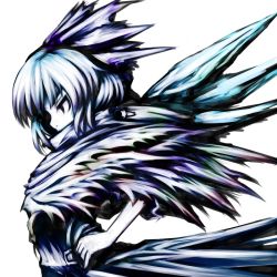 Rule 34 | 1girl, advent cirno, bad id, bad pixiv id, blue dress, blue theme, cirno, dress, from side, ice, ice wings, profile, shishigami (sunagimo), simple background, solo, touhou, upper body, white background, wings