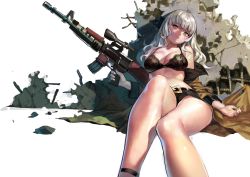 Rule 34 | 1girl, belt, black bra, black shorts, borrowed character, bra, breasts, character request, closed mouth, coat, fingernails, girls&#039; frontline, grey eyes, grey hair, gun, holding, holding gun, holding weapon, large breasts, long hair, looking at viewer, lying, on back, open clothes, open coat, reclining, rifle, scope, short shorts, shorts, solo, transparent background, underwear, weapon, yd (orange maru), yellow coat