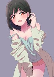 Rule 34 | 1girl, black hair, blue camisole, breasts, camisole, cleavage, coat, coat partially removed, collarbone, commentary request, fang, green coat, grey background, hand on own thigh, hand up, highres, long sleeves, looking at viewer, love live!, love live! nijigasaki high school idol club, medium breasts, mifune shioriko, off shoulder, open mouth, pink shorts, red eyes, short hair, shorts, solo, strap slip, taiyakippassion