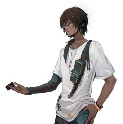 Rule 34 | 1boy, arknights, black hair, black sleeves, bracelet, closed mouth, commentary request, dark-skinned male, dark skin, denim, glasses, hand on own hip, hand up, highres, jeans, jewelry, long hair, long sleeves, male focus, necklace, official alternate costume, orange eyes, pants, reaching, shenji laurant, shirt, short sleeves, simple background, single sleeve, solo, t-shirt, thorns (arknights), thorns (comodo) (arknights), upper body, white background, white shirt