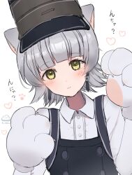 Rule 34 | 1girl, absurdres, animal ears, animal hands, arare (kancolle), arare kai ni (kancolle), blunt bangs, cat ears, collared shirt, dress, dress shirt, gloves, grey hair, highres, kantai collection, looking at viewer, one-hour drawing challenge, paw gloves, pinafore dress, qqqmei, shirt, sleeveless, sleeveless dress, solo, upper body, white shirt, yellow eyes