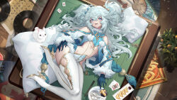 Rule 34 | 1girl, absurdres, ace (playing card), ace of clubs, blue eyes, blue gloves, blue hair, breasts, card, club (shape), folding fan, food, fur trim, girls&#039; frontline, gloves, hair ornament, hand fan, heart, heart-shaped pupils, high heels, highres, king (playing card), king of diamonds, long hair, long sleeves, looking at viewer, lying, on side, pa-15 (girls&#039; frontline), pantyhose, parted lips, playing card, rabbit, shanyao jiang tororo, small breasts, smile, symbol-shaped pupils, thighs, twintails, white pantyhose