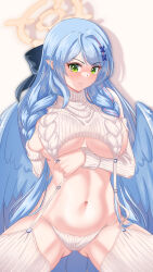 Rule 34 | 1girl, absurdres, ahoge, arada (corsair zero), blue archive, blue hair, blue wings, bow, braid, breasts, commentary request, crossed arms, feathered wings, gluteal fold, green eyes, groin, hair bow, hair ornament, hair ribbon, halo, highres, large breasts, long hair, long sleeves, looking at viewer, meme attire, mine (blue archive), multicolored hair, navel, parted bangs, pointy ears, ribbon, sidelocks, simple background, solo, spread legs, stomach, streaked hair, thigh strap, twin braids, underboob, virgin destroyer sweater, wings, x hair ornament