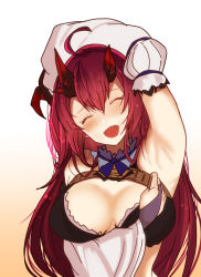Rule 34 | 1girl, ahoge, arito arayuru, arm up, armpits, bare shoulders, blue neckwear, blush, breasts, breasts apart, choker, closed eyes, curled horns, demon horns, detached sleeves, facing viewer, fang, gradient background, hair between eyes, horns, large breasts, long hair, long sleeves, magrona, magrona channel, open mouth, presenting armpit, red hair, skin fang, smile, solo, upper body, virtual youtuber