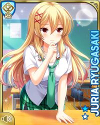 Rule 34 | 1girl, blonde hair, breasts, card (medium), character name, classroom, cleavage, closed mouth, day, desk, dress, earrings, girlfriend (kari), green dress, green neckwear, indoors, jewelry, necktie, official art, plaid clothes, plaid dress, qp:flapper, red eyes, ryugasaki juria, school, school desk, school uniform, shirt, short sleeves, standing, tagme, thinking, white shirt