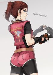Rule 34 | 1girl, ass, bike shorts, blue eyes, breasts, brown hair, capcom, claire redfield, closed mouth, denim, fingerless gloves, gloves, gun, highres, jacket, looking at viewer, medium hair, ponytail, resident evil, resident evil 2, shorts, simple background, smile, solo, tsurui, weapon
