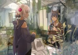 Rule 34 | 2girls, bare shoulders, cup, cutewolf1230, dark-skinned female, dark skin, detached sleeves, foliage, greenhouse, hair ornament, highres, hololive, hololive english, hood, hoodie, light rays, looking at viewer, low twintails, mug, multiple girls, ninomae ina&#039;nis, planet hair ornament, plant, purple eyes, purple hair, shirt, striped clothes, striped sweater, sweater, takodachi (ninomae ina&#039;nis), tentacle hair, tsukumo sana, twintails, virtual youtuber, white hair, white shirt, yellow eyes