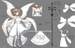 Rule 34 | 1girl, angel wings, animal ears, aquaplus, back, bare shoulders, breasts, brown hair, choker, cleavage, cleavage cutout, clothing cutout, collarbone, concept art, curly hair, dress, faceless, feathered wings, feet, full body, fumirul, hair ornament, jewelry, large breasts, large wings, long hair, mitsumi misato, multiple views, official art, sandals, sideboob, sidelocks, sleeveless, staff, staff (weapon), standing, tail, translation request, utawarerumono, utawarerumono: futari no hakuoro, utawarerumono: lost flag, wide sleeves, wings