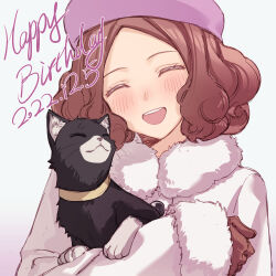 Rule 34 | 1girl, animal, beret, black cat, blush, brown gloves, brown hair, cat, closed eyes, closed mouth, commentary, dated, english text, forehead, fur-trimmed jacket, fur-trimmed sleeves, fur collar, fur trim, gloves, happy birthday, hat, highres, holding, holding animal, jacket, morgana (persona 5), okumura haru, open mouth, persona, persona 5, pink headwear, simple background, smile, teeth, tsubsa syaoin, upper body, upper teeth only, white jacket