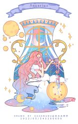 Rule 34 | 1girl, aquarius (zodiac), artist name, banner, beads, blue dress, blue hair, closed mouth, crescent moon, cup, curtains, dated, dress, english text, from side, full body, full moon, gradient dress, gradient hair, guanmumu, hair beads, hair ornament, halo, hand on own chin, highres, holding, holding cup, light blush, long dress, long hair, meteor shower, moon, multicolored hair, original, pink eyes, pink hair, pouring, short sleeves, sitting, smile, solo, space print, sparkle, star (symbol), starry sky print, tea, teacup, vase, very long hair, wavy hair, white background, white dress, window, yellow halo, zodiac