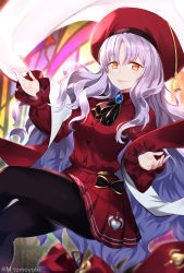 Rule 34 | 1girl, beret, bow, caren hortensia, caren hortensia (amor caren), caren hortensia (amor caren) (second ascension), commentary request, fate/grand order, fate (series), frilled sleeves, frills, grey hair, hands up, hat, heart, highres, jacket, long hair, long sleeves, looking at viewer, matsumoto tomoyohi, pantyhose, pleated skirt, scarf, skirt, solo, stained glass, translation request, twitter username, yellow eyes