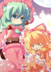 Rule 34 | &gt; &lt;, 2girls, alternate costume, aqua eyes, blonde hair, bow, candy, candy apple, closed eyes, female focus, food, front ponytail, green hair, hair bow, hair ornament, hair ribbon, highres, japanese clothes, kagiyama hina, kimono, light particles, lollipop, long hair, long sleeves, medicine melancholy, multiple girls, nullpooo, open mouth, ribbon, shaved ice, short hair, sitting, standing, sweatdrop, tears, touhou, wide sleeves