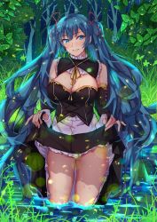 Rule 34 | 1girl, aqua eyes, aqua hair, bare shoulders, blue eyes, blue hair, blush, breasts, cleavage, clothes lift, detached sleeves, hatsune miku, highres, large breasts, long hair, looking at viewer, medium breasts, muko (kokia38), outdoors, parted lips, skirt, skirt lift, smile, solo, standing, sweat, twintails, very long hair, vocaloid, wading
