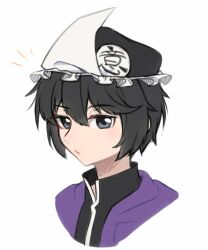 Rule 34 | 1other, androgynous, black hair, black hat, black shirt, closed mouth, commentary, frilled hat, frills, grey eyes, hat, highres, jacket, kanji, len&#039;en, open clothes, open jacket, portrait, purple jacket, shirt, shitodo kuroji, short hair, simple background, solo, translation request, white background, yuejiao tuan