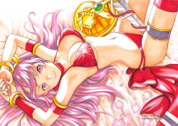 Rule 34 | 1girl, absurdres, armpits, artist name, athena (series), bikini, breasts, cleavage, highres, large breasts, long hair, looking at viewer, lying, navel, pink eyes, pink hair, princess athena, red bikini, shield, smile, snk, solo, swimsuit, sword, weapon