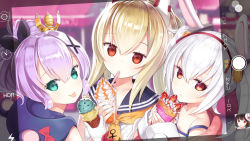 Rule 34 | 3girls, :&lt;, :p, animal ears, ayanami (azur lane), azur lane, bare shoulders, black ribbon, blonde hair, blurry, blurry background, camisole, capriccio, cellphone, cellphone photo, closed mouth, commentary request, crepe, crown, depth of field, double scoop, fake phone screenshot, fake screenshot, food, gloves, green eyes, hair between eyes, hair ornament, hair ribbon, hairband, head tilt, headgear, holding, holding food, ice cream, ice cream cone, iphone, jacket, javelin (azur lane), laffey (azur lane), long hair, long sleeves, looking at viewer, looking back, mini crown, multiple girls, phone, pink jacket, ponytail, purple hair, rabbit ears, red eyes, red hairband, ribbon, shirt, sidelocks, silver hair, sleeveless, sleeveless shirt, sleeves past wrists, smartphone, strap slip, tongue, tongue out, twintails, white camisole, white gloves, white shirt, yamashiro (azur lane)
