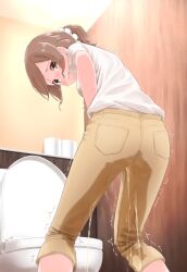 Rule 34 | 1girl, ass, bathroom, blush, breasts, brown eyes, brown hair, embarrassed, failure, female focus, from behind, hair ornament, hair scrunchie, have to pee, indoors, leaning forward, looking down, nose blush, open mouth, original, pants, pantylines, parted bangs, pee, peeing, peeing self, pocket, ponytail, raised eyebrows, scrunchie, shirt, shirt tucked in, short hair, short sleeves, sidelocks, small breasts, solo, standing, tears, toilet, toilet paper, trembling, urabe miyabi, wet pants, white scrunchie, white shirt, yellow pants