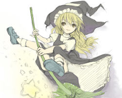 Rule 34 | 1girl, apron, blonde hair, bow, braid, broom, broom riding, female focus, flat color, frills, full body, hat, kirisame marisa, long hair, mary janes, muted color, satou takeshi, shoes, simple background, single braid, solo, star (symbol), touhou, witch hat, yellow eyes