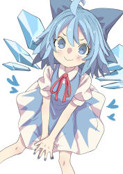 Rule 34 | 1girl, absurdres, ahoge, banana takemura, blue bow, blue dress, blue eyes, blue hair, blue nails, blue wings, bow, cirno, closed mouth, dress, from above, hair bow, heart, highres, ice, ice wings, looking at viewer, medium hair, nail polish, one-hour drawing challenge, puffy short sleeves, puffy sleeves, short sleeves, simple background, sitting, smile, solo, touhou, v arms, white background, wings