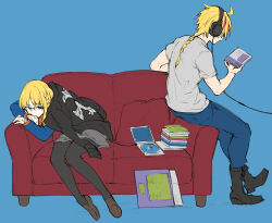 Rule 34 | 1boy, 1girl, ahoge, black pantyhose, blonde hair, blue background, blue pants, book, boots, braid, cd, cd case, couch, fate/strange fake, fate (series), glasses, headphones, isshoku (shiki), long sleeves, medium hair, on couch, pants, pantyhose, pillow, richard i (fate), sajou ayaka (fate/prototype), sajou ayaka (fate/strange fake), short sleeves, simple background, sitting, skirt