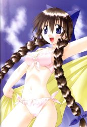 Rule 34 | 1girl, absurdres, alternate hairstyle, armpits, bare arms, bikini, blue eyes, blue ribbon, blue sky, braid, breasts, brown hair, cleavage, cloud, collarbone, cowboy shot, day, front-tie bikini top, front-tie top, fujishiro takeshi, gluteal fold, hair ribbon, highres, holding, holding towel, long hair, looking at viewer, medium breasts, nagasarete airantou, navel, official art, open mouth, outdoors, outstretched arms, pink bikini, ribbon, scan, side-tie bikini bottom, sky, solo, suzu (nagasarete airantou), swimsuit, teeth, towel, twin braids, upper teeth only, very long hair