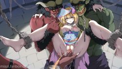 Rule 34 | 1girl, 3boys, barefoot, blonde hair, blue dress, blue headwear, blush, breasts, chain, chained, colored skin, cuffs, dark magician girl, dress, duel monster, fingering, green eyes, green skin, hetero, horns, large breasts, long hair, miazi, monster, multiple boys, nipples, open mouth, pee, peeing, pentacle, pussy, red skin, restrained, rolling eyes, shackles, smile, spread legs, torn clothes, yu-gi-oh!, yu-gi-oh! duel monsters