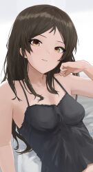 Rule 34 | 1girl, bare shoulders, black camisole, blush, breasts, brown hair, camisole, collarbone, highres, idolmaster, idolmaster million live!, kawagoemurasaki, kitazawa shiho, light smile, looking at viewer, parted bangs, small breasts, solo, upper body