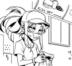Rule 34 | 1girl, akali, bag, bracelet, breasts, burger, food, french fries, greyscale, heart, holding, holding bag, jewelry, k/da (league of legends), league of legends, long hair, mask, mcdonald&#039;s, monochrome, mouth mask, parted bangs, phantom ix row, ponytail, short sleeves, small breasts, solo, upper body
