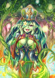 Rule 34 | 1girl, :d, armadel (p&amp;d), belt, breasts, chain belt, cleavage, colored skin, dashinoya, dress, eyelashes, fire, flower eyepatch, forest, gem, green skin, hair over one eye, hands on own face, hat, keyhole, long hair, magic circle, medium breasts, monster girl, nature, open mouth, plant, plant girl, pointy ears, purple eyes, puzzle &amp; dragons, smile, solo, very long hair, vines, wheat, wide sleeves