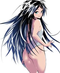 Rule 34 | 1girl, asava (hutaitenn), ass, black hair, commentary request, cowboy shot, cyan eyes, flat chest, from behind, hair ribbon, highres, kantai collection, katsuragi (kancolle), long hair, looking at viewer, looking back, one-piece swimsuit, ponytail, ribbon, simple background, solo, swimsuit, turtleneck, white background, white one-piece swimsuit