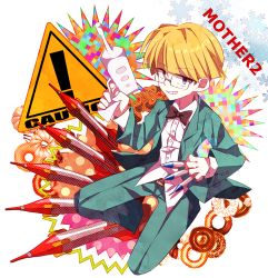 Rule 34 | 1boy, bad id, bad pixiv id, blonde hair, blue eyes, copyright name, english text, full body, glasses, grin, gun, jeff andonuts, looking at viewer, male focus, mother (game), mother 2, myumyu. baton-nashi, nintendo, rocket, sign, smile, solo, warning sign, weapon