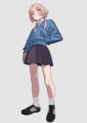 Rule 34 | 1girl, absurdres, adidas, ahoge, blue jacket, closed mouth, commentary, from below, full body, grey background, grey eyes, hand in pocket, highres, jacket, legs, looking at viewer, original, ozorano megane, parted bangs, pink hair, pleated skirt, shirt, shoes, short hair, sidelocks, simple background, skirt, sneakers, socks, solo, standing, striped clothes, striped jacket, thighs, track jacket, turtleneck, white shirt