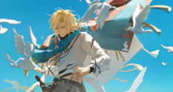 Rule 34 | 1boy, absurdres, aqua eyes, bird, black undershirt, blonde hair, blue cloak, blue sky, blurry, cloak, cowboy shot, curtained hair, day, depth of field, feather necklace, floating clothes, grey pants, happy, highres, hryc2344, jewelry, lars rorschach, long sleeves, looking at animal, lovebrush chronicles, low ponytail, male focus, medium hair, midriff peek, necklace, pants, parted bangs, parted lips, seagull, shirt, sky, smile, solo, sparkle, tassel, teeth, torn clothes, torn shirt, turtleneck, undershirt, upper teeth only, white shirt