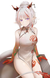 Rule 34 | 1girl, arknights, arm support, bare arms, bare shoulders, breasts, china dress, chinese clothes, closed mouth, covered navel, dragon horns, dragon tail, dress, expressionless, eyeshadow, groin, hair ornament, hairpin, highres, horns, leg tattoo, long hair, looking at viewer, makeup, medium breasts, multicolored hair, nian (arknights), nian (unfettered freedom) (arknights), no panties, official alternate costume, pelvic curtain, pointy ears, ponytail, print dress, purple eyes, ru zhai, sidelocks, silver hair, sitting, sleeveless, sleeveless dress, solo, streaked hair, tail, tattoo, thighs, white dress