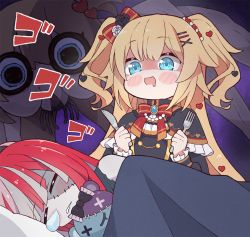 Rule 34 | 2girls, akai haato, akai haato (gothic lolita), black dress, blonde hair, blush stickers, bow, bowtie, chibi, commentary, dress, drooling, english commentary, fork, holding, holding fork, hololive, hololive indonesia, kukie-nyan, kureiji ollie, looking at another, mouth drool, multiple girls, red bow, red bowtie, sleeping, twitter username, two side up, udin (kureiji ollie), virtual youtuber
