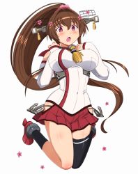 Rule 34 | 10s, 1girl, bad id, bad pixiv id, breasts, brown hair, hair ornament, jewelry, kantai collection, large breasts, long hair, miniskirt, ponytail, red eyes, ring, shin&#039;en (gyokuro company), single thighhigh, skirt, solo, thighhighs, very long hair, wedding band, yamato (kancolle)