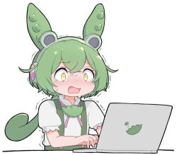 Rule 34 | 1girl, animal ears, blush, collared shirt, commentary, computer, dot nose, double-parted bangs, furrowed brow, green hair, green shorts, headphones, highres, laptop, light blush, long hair, looking at object, low ponytail, neck ribbon, nose blush, open mouth, pea pod, pink ribbon, puffy short sleeves, puffy sleeves, ribbon, shirt, short hair, short sleeves, shorts, simple background, solo, suspender shorts, suspenders, sweat, tearing up, tokimotoinui, trembling, typing, upper body, white background, white shirt, wide-eyed, yellow eyes, zundamon