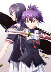 2girls absurdres back-to-back bankai321 black_hair black_shirt brown_eyes closed_mouth commentary_request cowboy_shot etou_minato hair_between_eyes highres holding holding_sword holding_weapon katana long_hair looking_at_viewer medium_hair multiple_girls neck_ribbon origami_yukari parted_lips pleated_skirt ponytail purple_hair red_ribbon renpu_girls_school_uniform_(old_design) ribbon sailor_collar school_uniform sheath shirt short_sleeves skirt standing sword toji_no_miko unsheathing weapon white_sailor_collar white_skirt