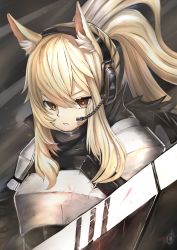 Rule 34 | 1girl, absurdres, animal ear fluff, animal ears, arknights, armor, blonde hair, breastplate, brown eyes, commentary request, hair between eyes, headphones, headset, highres, horse girl, huge filesize, long hair, looking at viewer, nearl (arknights), parted lips, partial commentary, pauldrons, ponytail, shoulder armor, sidelocks, solo, upper body, yuryou jime