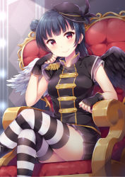 Rule 34 | &gt;:), 1girl, asymmetrical wings, black feathers, black gloves, black hat, black skirt, black wings, blue hair, blush, commentary request, crossed legs, epaulettes, feathers, fingerless gloves, gloves, hair bun, hat, hat feather, hazuki (sutasuta), head rest, highres, looking at viewer, love live!, love live! school idol festival, love live! sunshine!!, miniskirt, pleated skirt, red eyes, short sleeves, side bun, single side bun, sitting, skirt, solo, striped clothes, striped thighhighs, thighhighs, throne, tsushima yoshiko, white wing, wings