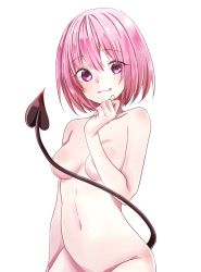 Rule 34 | 10s, 1girl, :3, bad id, bad pixiv id, breasts, closed mouth, convenient censoring, demon tail, hair between eyes, hanamame, hand up, hip focus, looking at viewer, medium breasts, momo velia deviluke, navel, nude, panties, pink eyes, pink hair, shirt, short hair, simple background, smile, solo, tail, to love-ru, to love-ru darkness, underwear, upper body, white background, white panties