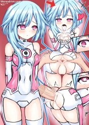 Rule 34 | absurdres, anal, anus, artist request, ass, blue hair, blush, bodysuit, censored, cum, cum in ass, cum in mouth, from behind, highres, long hair, neptune (series), open mouth, penis, pussy, red eyes, rom (neptunia), sex