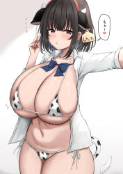 Rule 34 | 1girl, :o, animal ears, animal print, black hair, blush, bob cut, bra, breasts, brown eyes, collarbone, collared shirt, commentary request, cow ears, cow girl, cow horns, cow print, cow tail, cowboy shot, curvy, ear piercing, headband, highres, horns, huge breasts, lactation, lactation through clothes, looking at viewer, navel, open clothes, open mouth, open shirt, original, outstretched arm, panties, piercing, print bra, print panties, selfie, shirt, sho (wnmf3234), short hair, side-tie panties, simple background, solo, standing, stomach, tail, thick thighs, thighs, translation request, underboob, underwear, v, white background, white bra, white panties, white shirt