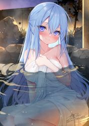 Rule 34 | 1girl, bare shoulders, blue eyes, blue hair, blush, breasts, crossed bangs, emori miku, large breasts, liver city, long hair, looking at viewer, naked towel, onsen, outdoors, paid reward available, partially submerged, rock, sidelocks, smile, solo, thighs, towel, very long hair, water, wet, white towel, yoruhoshi owl
