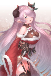 1girl, :d, bare shoulders, black legwear, blue eyes, braid, breasts, christmas, cowboy shot, draph, dress, eyelashes, from side, fur-trimmed dress, fur-trimmed sleeves, fur trim, garter straps, granblue fantasy, hair over one eye, highres, horns, large breasts, light blush, light purple hair, long hair, looking at viewer, narmaya (granblue fantasy), open mouth, pointy ears, red sleeves, santa costume, see-through, shirt, single braid, sleeveless, sleeves past fingers, sleeves past wrists, smile, solo, thighhighs, underbust, very long hair, white shirt, yu mochi (kamiinu)