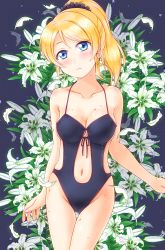 Rule 34 | 1girl, ayase eli, bare arms, bare shoulders, black background, black one-piece swimsuit, black scrunchie, blonde hair, blue eyes, blush, breasts, cleavage, clothing cutout, collarbone, flower, front-tie swimsuit, halterneck, high ponytail, hiro9779, lily (flower), looking at viewer, love live!, love live! school idol project, medium breasts, navel, navel cutout, one-piece swimsuit, parted bangs, scrunchie, solo, swimsuit, white flower
