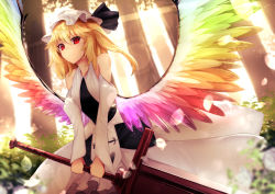 Rule 34 | 1girl, alternate costume, alternate weapon, alternate wings, bare shoulders, blonde hair, blurry, day, depth of field, detached sleeves, dress, dutch angle, feathered wings, flandre scarlet, hat, hat ribbon, highres, lens flare, looking at viewer, mob cap, multicolored wings, red eyes, ribbon, short hair, side ponytail, sinkai, smile, solo, sunlight, sword, touhou, tree, weapon, white dress, wings