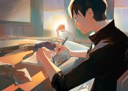 Rule 34 | 2boys, black hair, bn3ppo, book, cellphone, chair, chalkboard, classroom, commentary, desk, haikyuu!!, highres, hinata shouyou, holding, holding pencil, homework, indoors, jacket, kageyama tobio, looking at another, male focus, mechanical pencil, multiple boys, on chair, open book, open mouth, orange hair, pencil, phone, school chair, school desk, shirt, short hair, sitting, smartphone, sunlight, track jacket, white shirt, window