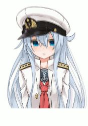 Rule 34 | 1girl, admiral (kancolle), admiral (kancolle) (cosplay), animated, animated gif, azuuru (azure0608), bad id, bad pixiv id, blue eyes, borrowed clothes, cosplay, emofuri, hat, hibiki (kancolle), kan (tachi), kantai collection, long hair, lowres, md5 mismatch, military, military uniform, naval uniform, ugoira, uniform, upper body, white hair