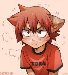 Rule 34 | 1boy, :&lt;, puff of air, artist name, blush, brown background, brown eyes, brown hair, closed mouth, clothes writing, dated, embarrassed, fang, flying sweatdrops, furry, furry male, hatomura miri, highres, male focus, naruko shoukichi, nose blush, red shirt, romaji text, shirt, short hair, short sleeves, simple background, solo, tears, translated, trembling, twitter username, upper body, yowamushi pedal